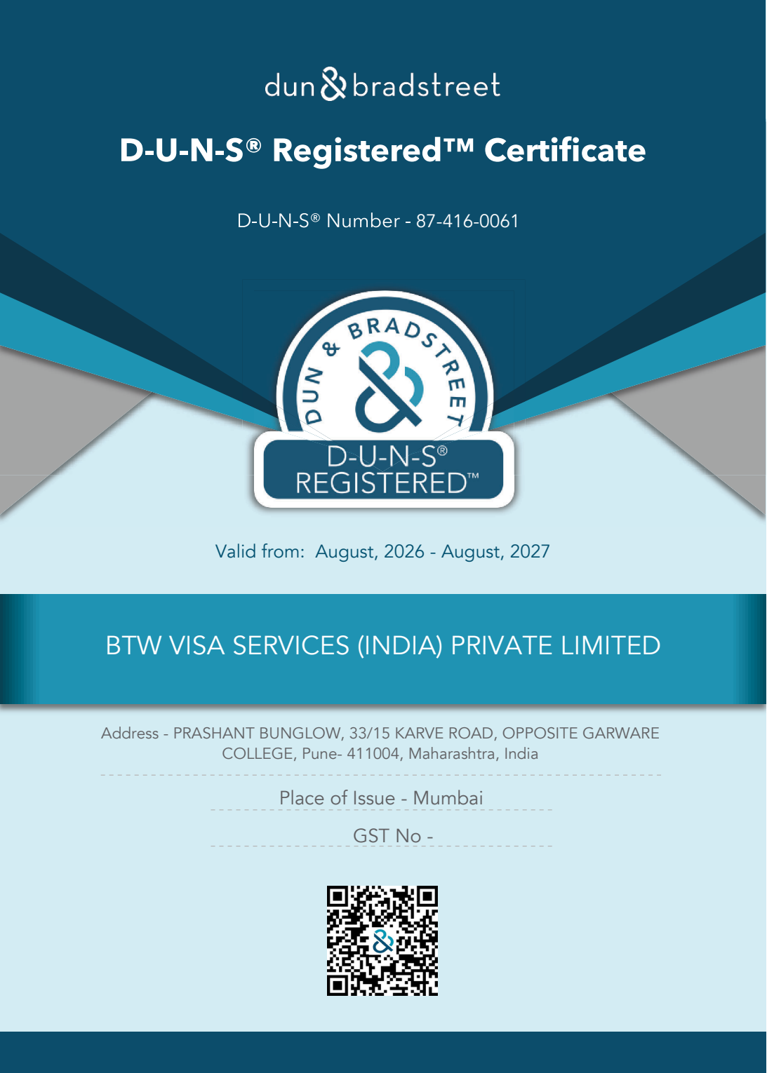 Dun & Bradstreet D-U-N-S Registered certificate of BTW Visa Services (India) Private Limited, valid August 2026 to August 2027