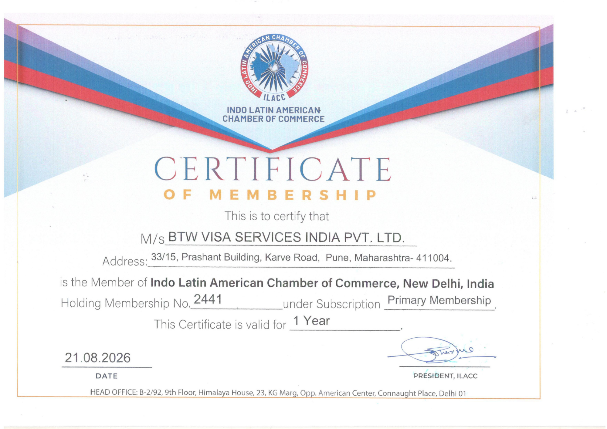 Indo Latin American Chamber of Commerce 2026 membership certificate of BTW Visa Services India Pvt. Ltd.