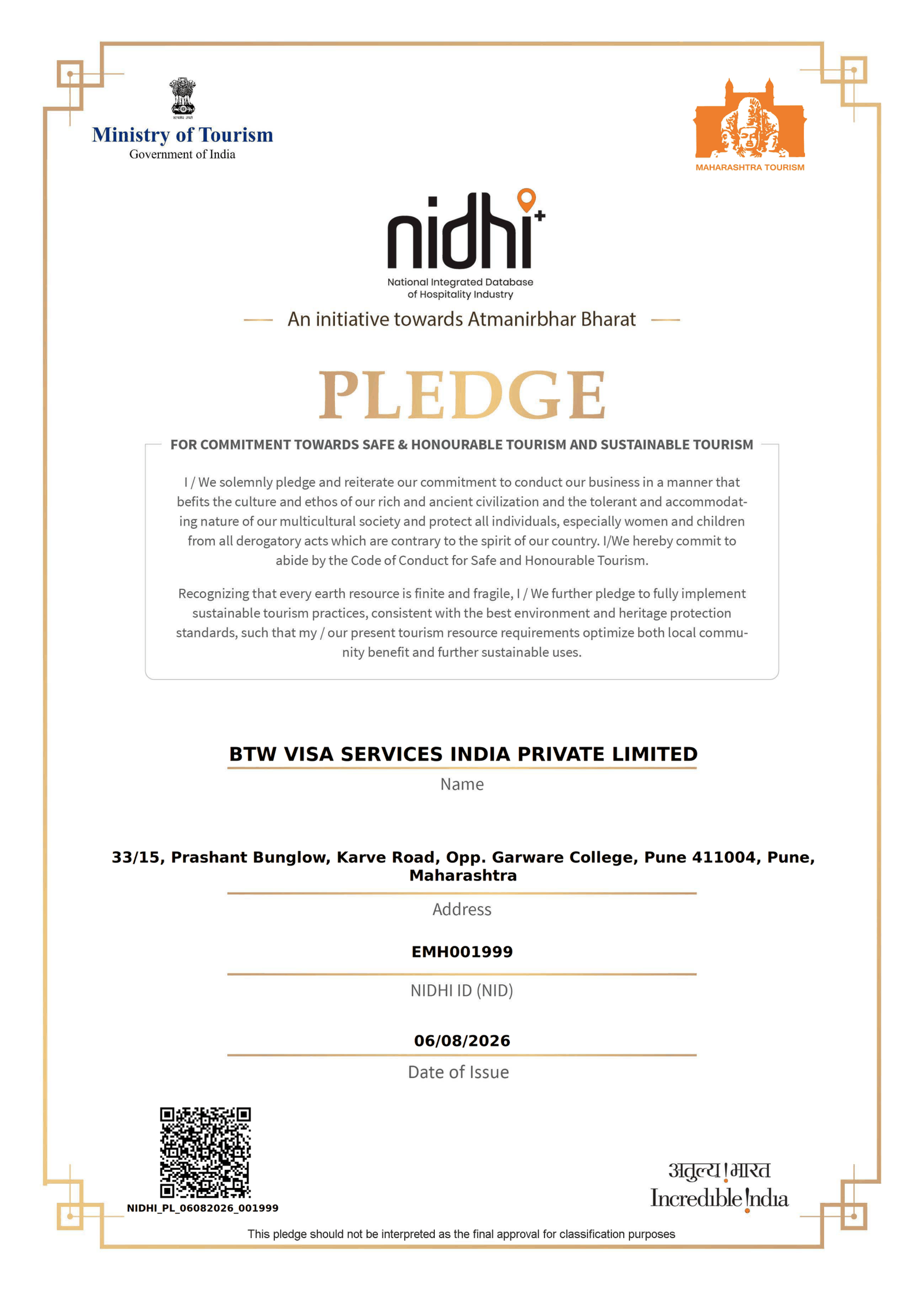 NIDHI pledge certificate issued by the Ministry of Tourism, Government of India, to BTW Visa Services India Pvt. Ltd.