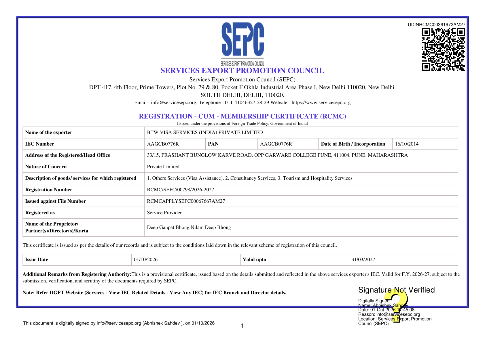 Services Export Promotion Council (SEPC) Registration-cum-Membership Certificate (RCMC) of BTW Visa Services (India) Private Limited, valid for financial year 2026-27