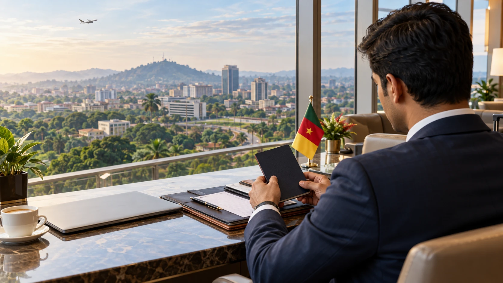 Indian business traveller preparing passport and documents for a Cameroon business visa application